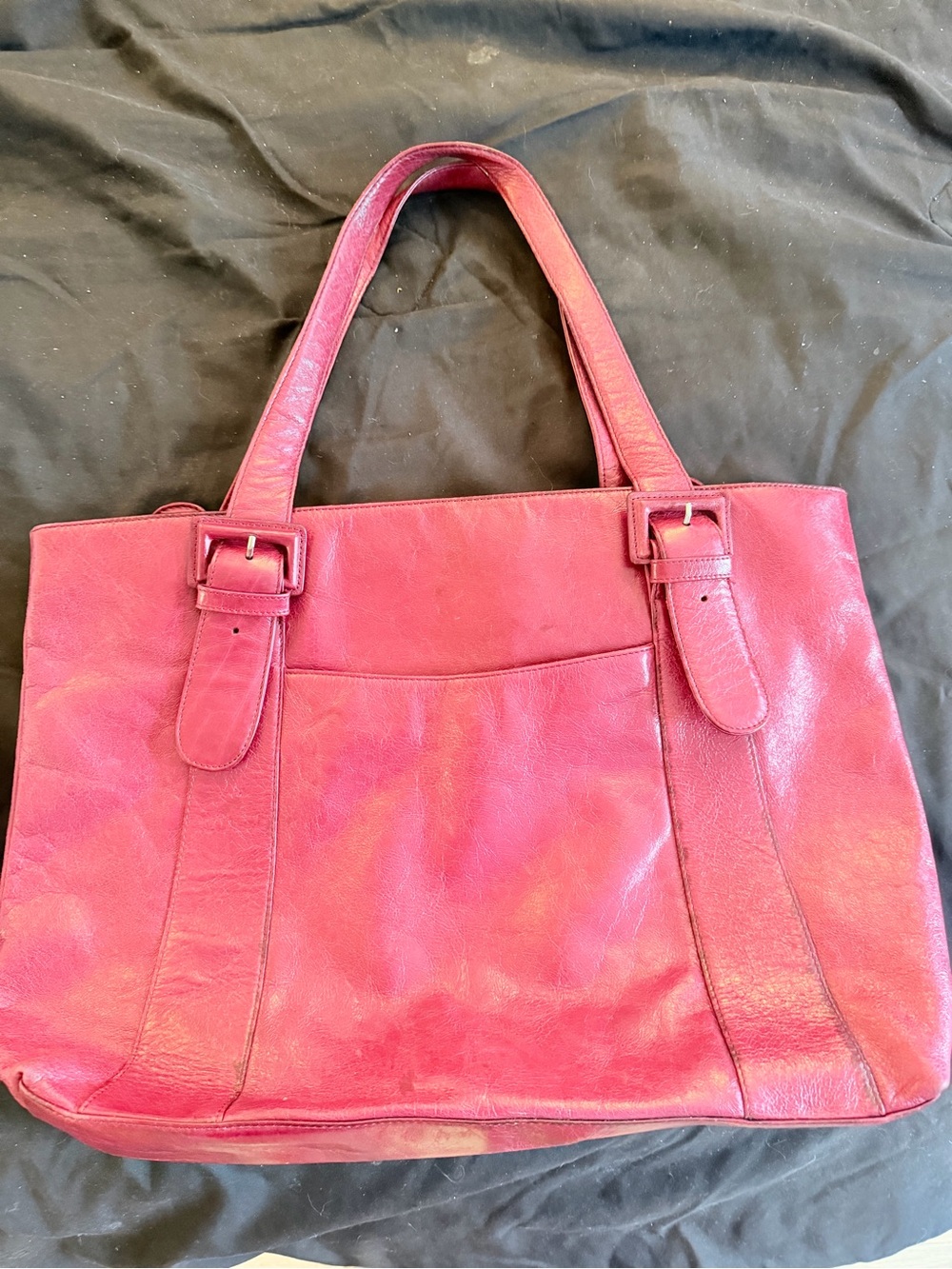 Red Leather Tote Bag with Buckle Strap Details